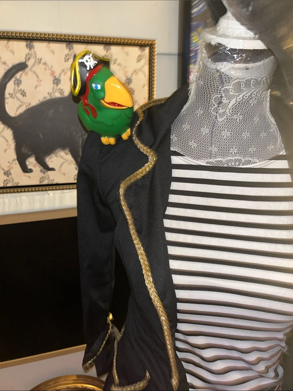 Kids Black Pirate Costume Coat with Gold Trim and Striped Shirt